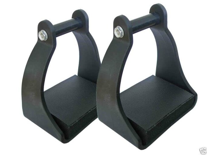 Black plastic horse stirrups with measurement indicator.