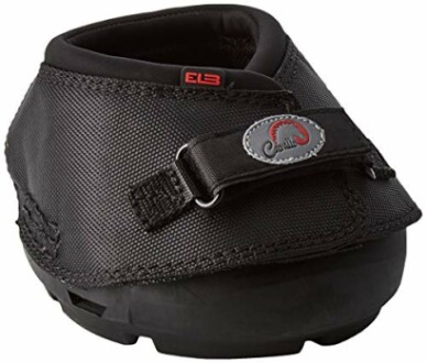 Black horse hoof boot with strap and logo