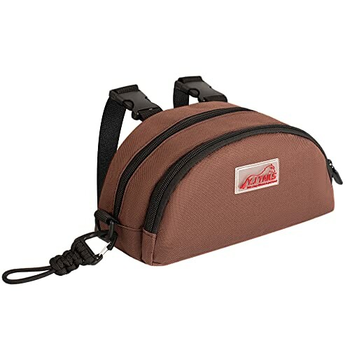 Brown fishing tackle bag with multiple compartments and straps.