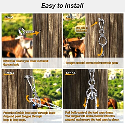 Step-by-step guide for installing a lead rope with eye bolt and hook.