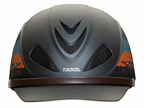 Front view of a Troxel equestrian helmet with colorful side design