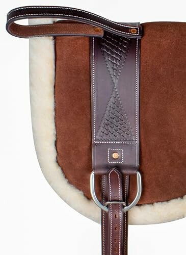 Close-up of an equestrian saddle cinch with leather and stitching details.