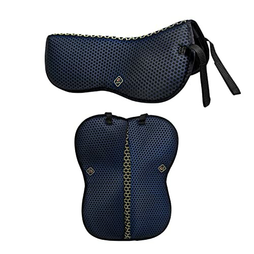 Black and blue equestrian saddle pad with honeycomb pattern