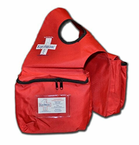 Red equine first aid kit with handle and pockets.