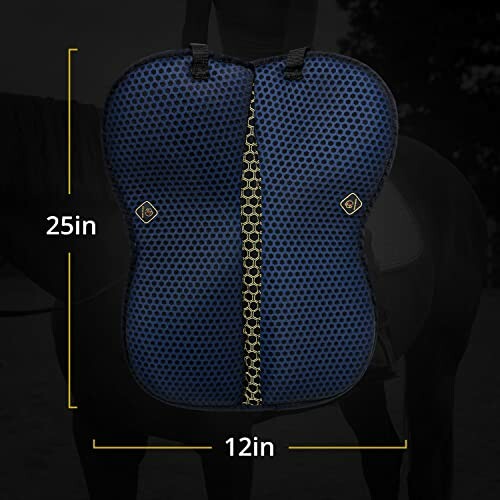 Blue equine saddle pad with dimensions 25in by 12in