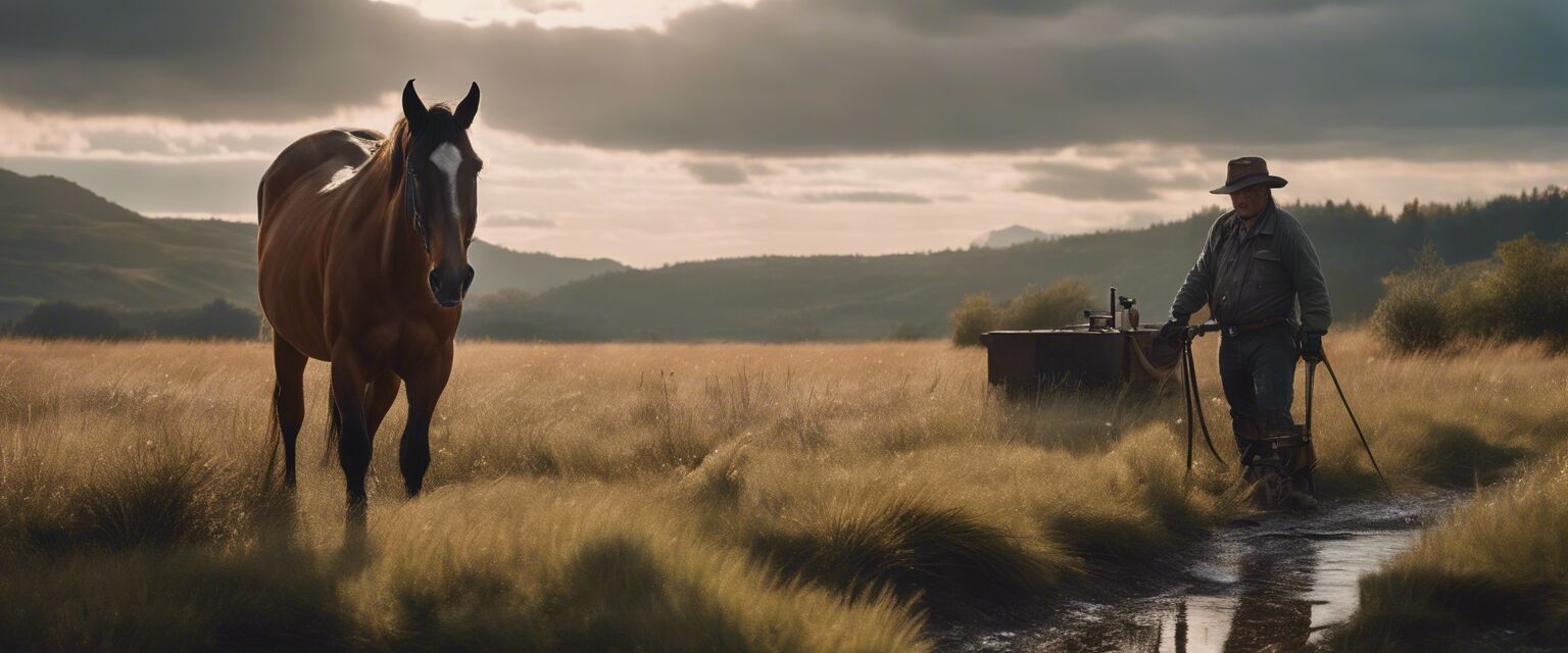 Horse being groomed in a trail environment