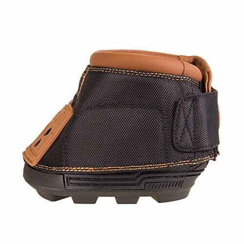 Equine hoof boot with durable sole and black fabric upper.