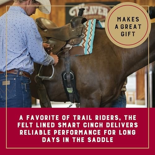 Person adjusting a saddle on a horse with text about a smart cinch gift.