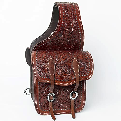 Brown leather saddlebag with embossed floral design and buckles.