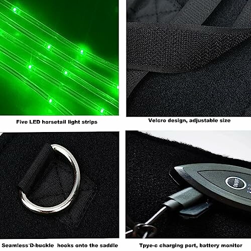 LED horsetail light strips with Velcro, D-buckle, Type-C charging port