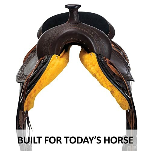 Front view of a modern horse saddle with yellow padding and dark leather.