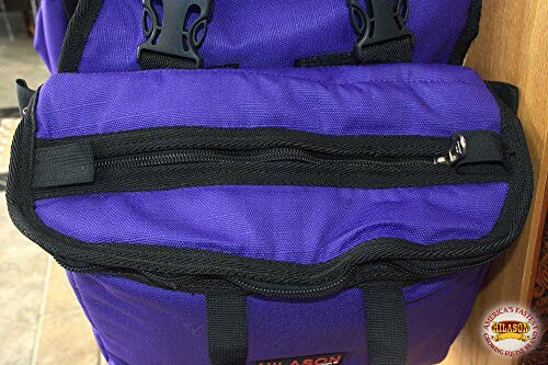 Close-up of a purple backpack with a zipper and black straps.