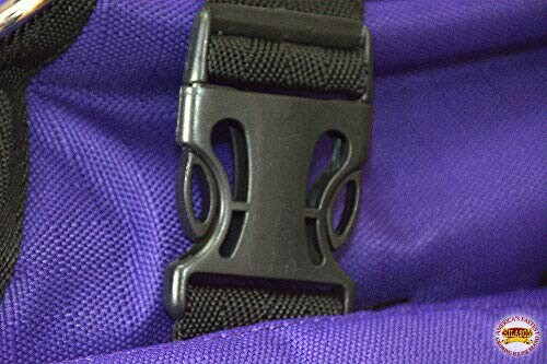 Close-up of a black plastic buckle on a purple bag