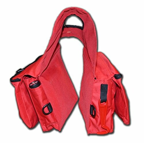 Red saddlebag luggage with multiple compartments.