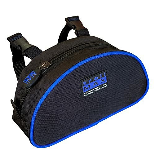 Black and blue saddle bag with zippers and straps