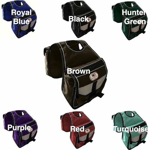 Various colored saddlebags: royal blue, black, hunter green, purple, brown, red, turquoise.