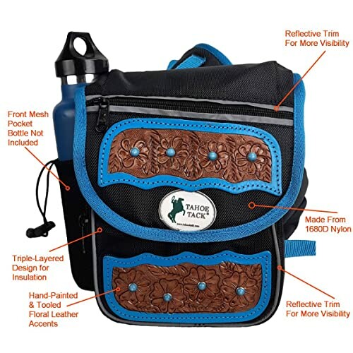 Tahoe Tack saddle bag with reflective trim, tooled leather accents, and blue highlights.