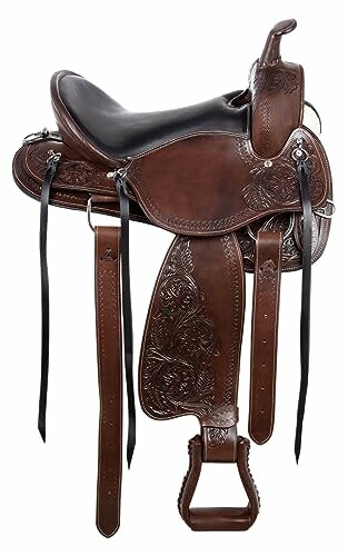 Brown leather Western horse saddle with intricate designs.